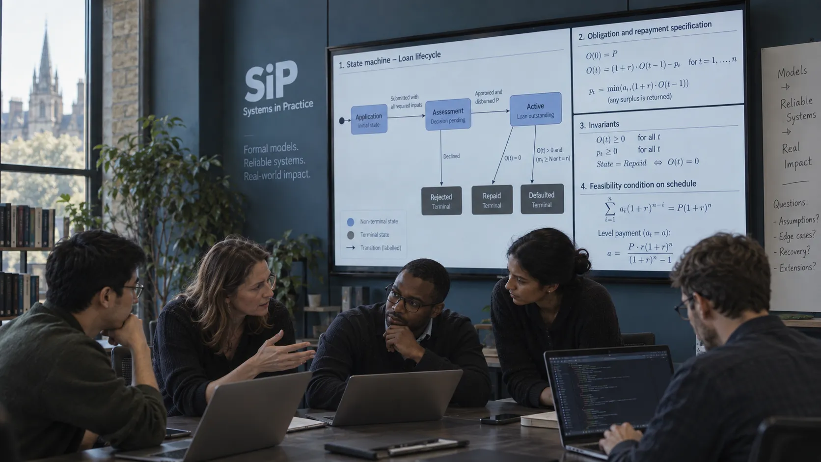 Illustration of six research and engineering professionals collaborating around laptops, with financial models, state diagrams and software on a shared display.